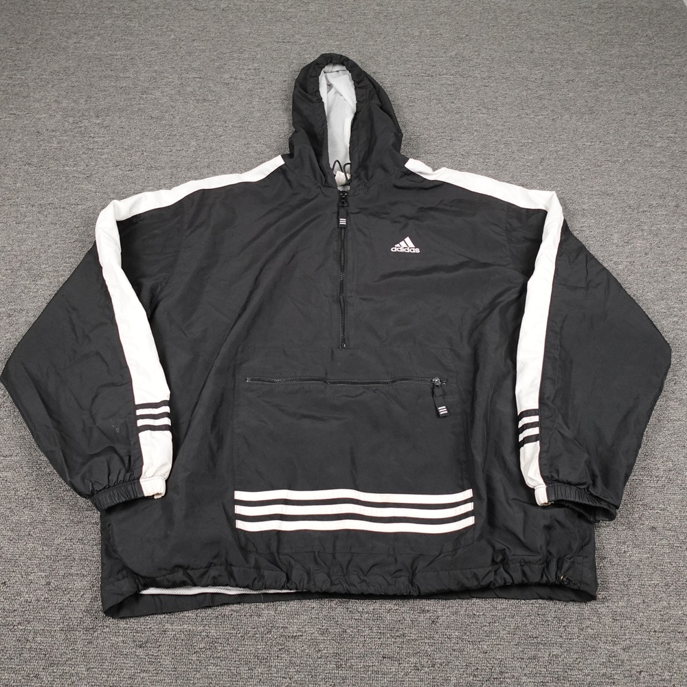 Vintage Adidas Jacket Mens XL Black 1/2 Zip Hooded Windbreaker Anorak 90s